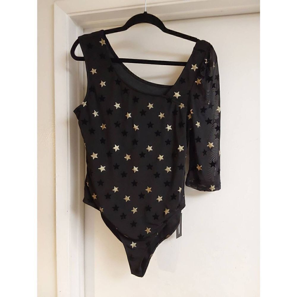 NWT~Dream Bandits Black Silky One Shoulder Star Design Bodysuit Sz Large